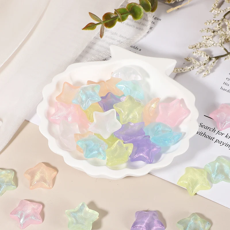 50 Pcs Flat Back Resin Star Beads, Glitter Star Charm, Green