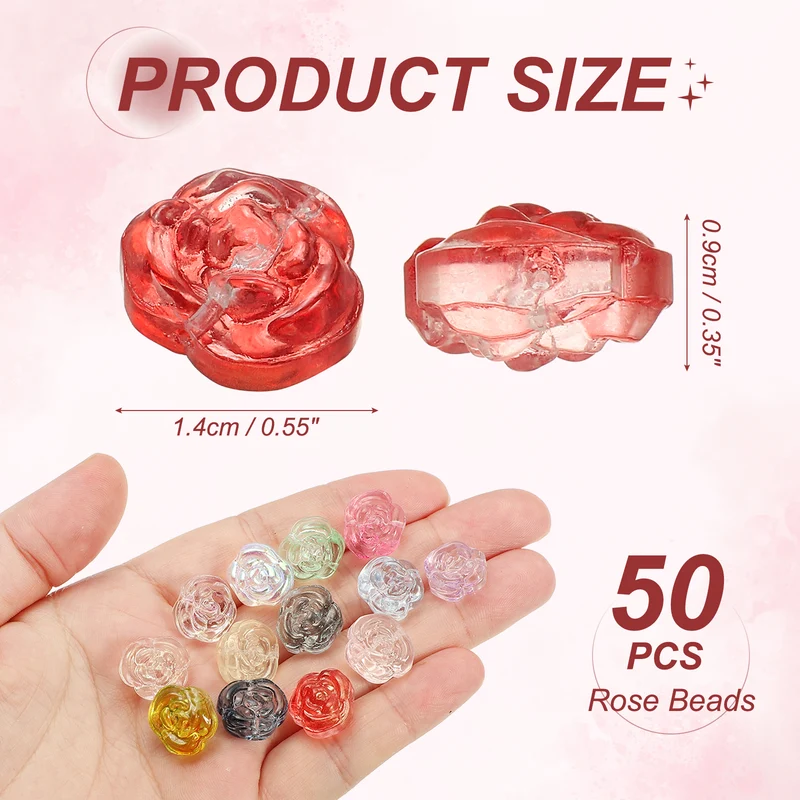 50Pcs Rose Beads 0.55" Glass Flower Rose Charm Red