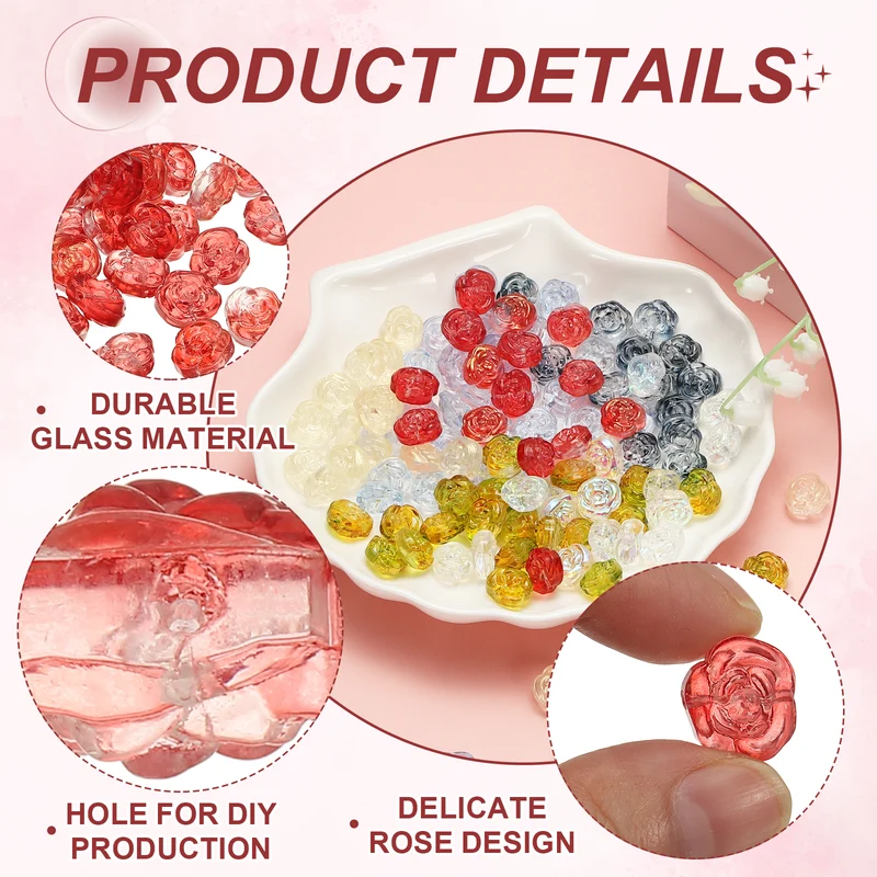 50Pcs Rose Beads 0.55" Glass Flower Rose Charm Red