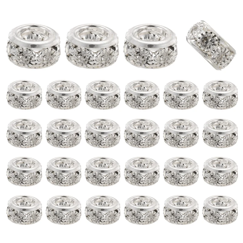 40 Pcs 10mm Large Hole Rhinestone Beads, European Bulk Bead (Bright Silver)