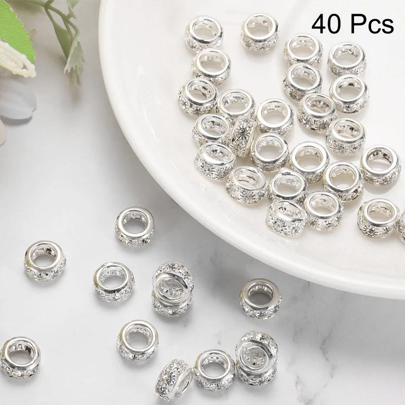 40 Pcs 10mm Large Hole Rhinestone Beads, European Bulk Bead (Bright Silver)