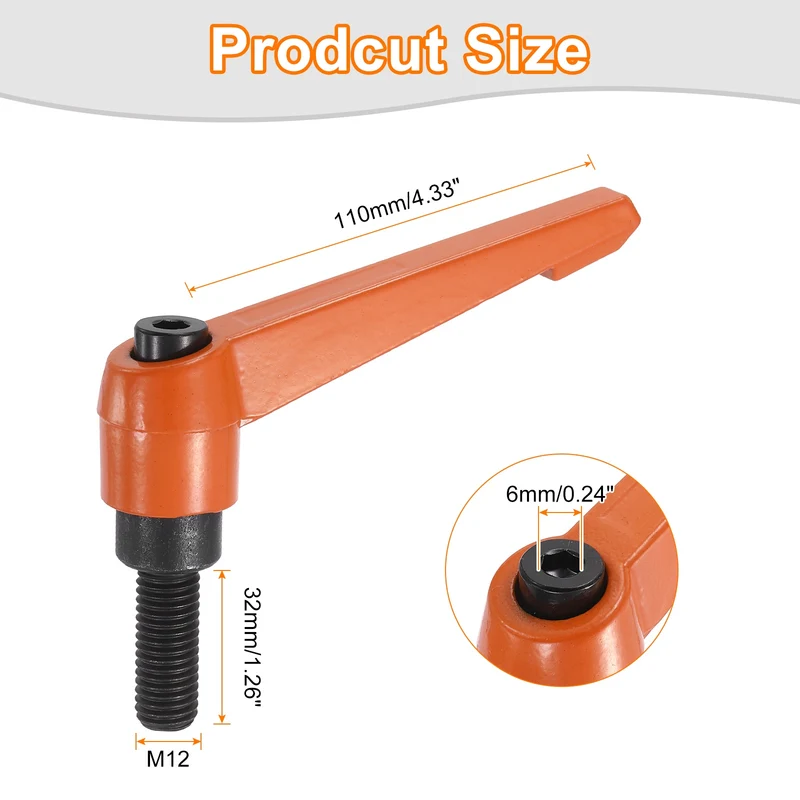 Clamping Lever Handles for Lathe, M12x32mm Male Thread Orange 2Pcs