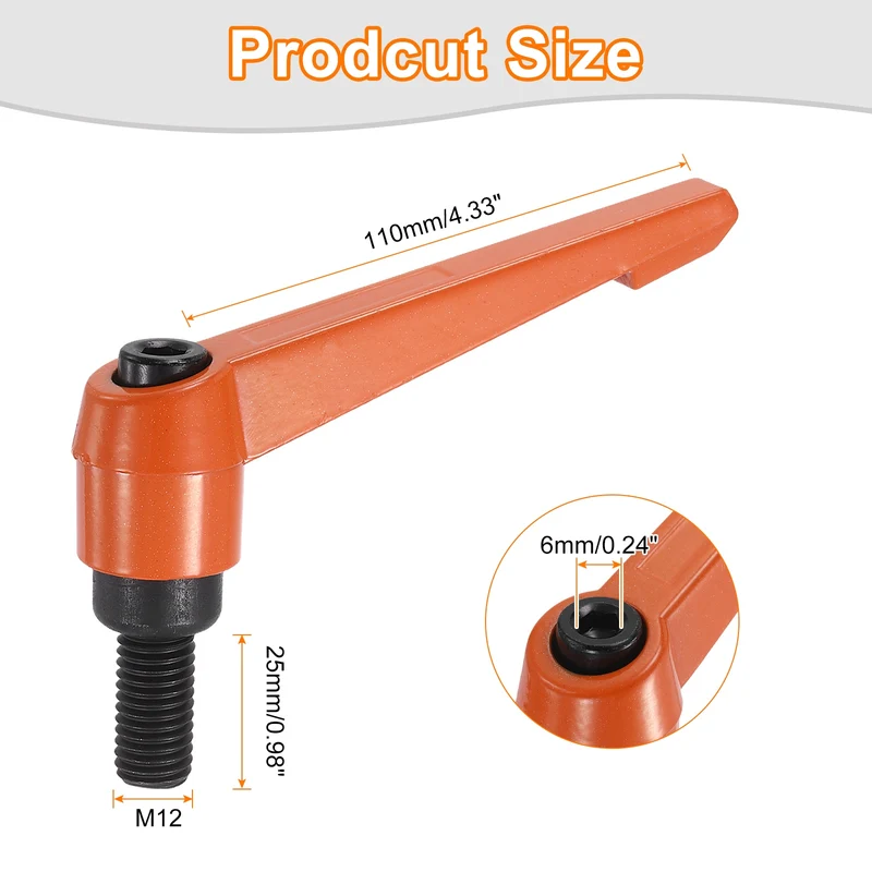 Clamping Lever Handles for Lathe, M12x25mm Male Thread Orange 2Pcs