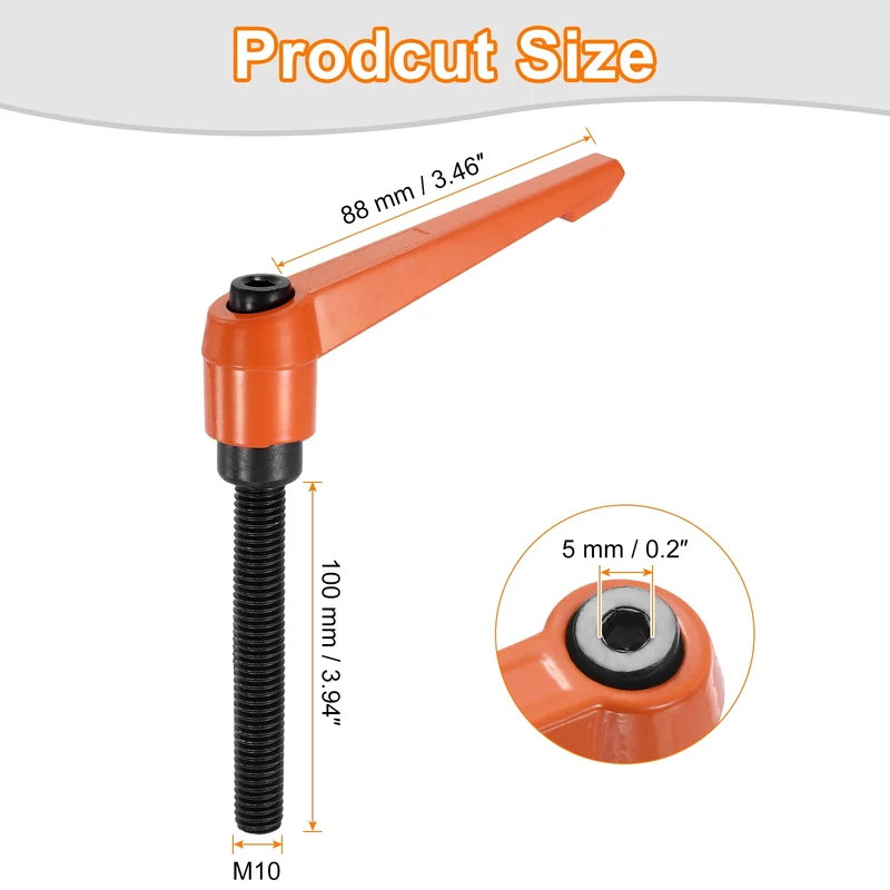 Clamping Lever Handles for Lathe, M10x100mm Male Thread Orange 4Pcs