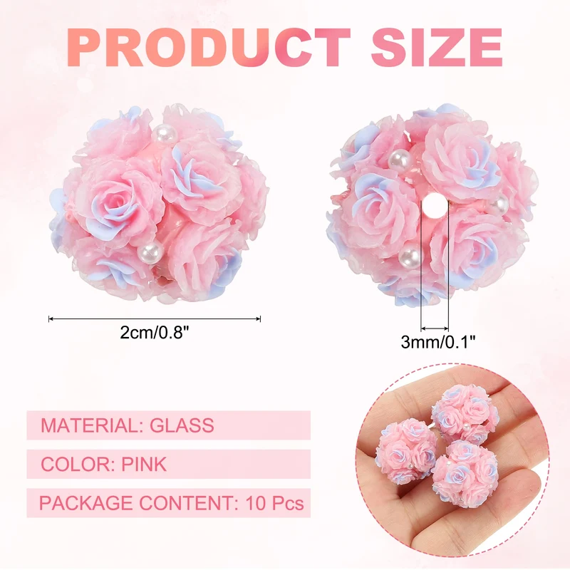 10 Pcs Rhinestone Focal Beads for Pens, 0.8" Glass Flower Beads, Pink