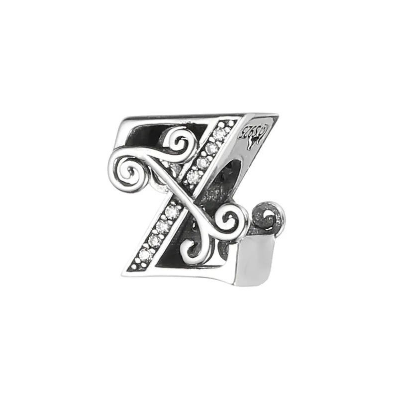 925 Sterling Silver Letter Charm, Alphabet Z Letters Bead Charm, Silver Tone