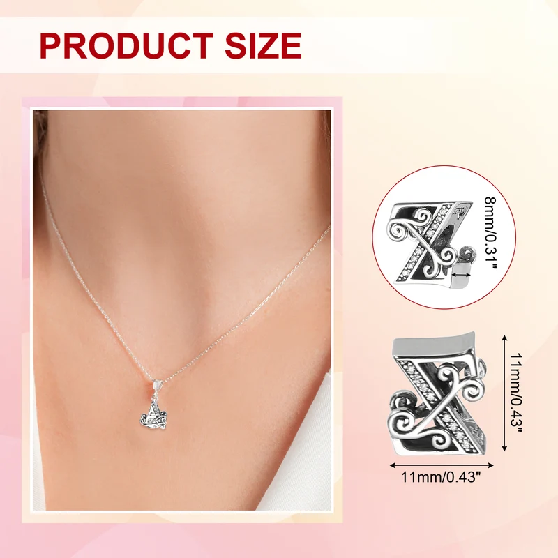 925 Sterling Silver Letter Charm, Alphabet Z Letters Bead Charm, Silver Tone
