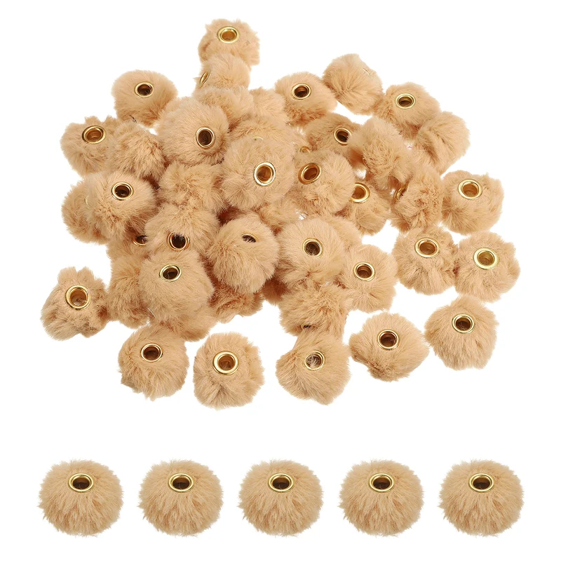 50Pcs Pom Pom Beads, Faux Fur Fuzzy Spacers Bead with 4mm Hole, Light Brown