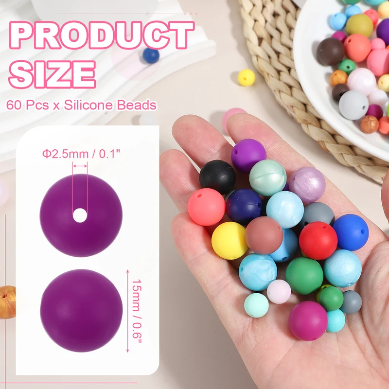 60 Pcs Silicone Beads, 15mm Bulk Beads for Keychain Making, Deep Purple