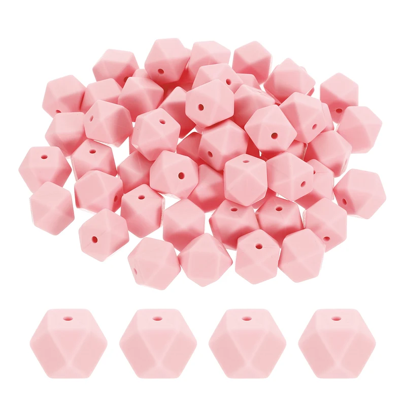90 Pcs Silicone Beads, 14mm Loose Hexagon Rubber Focal Beads, Light Pink