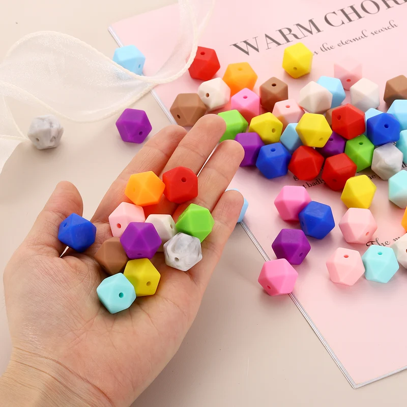 90 Pcs Silicone Beads, 14mm Loose Hexagon Rubber Focal Beads, Light Pink