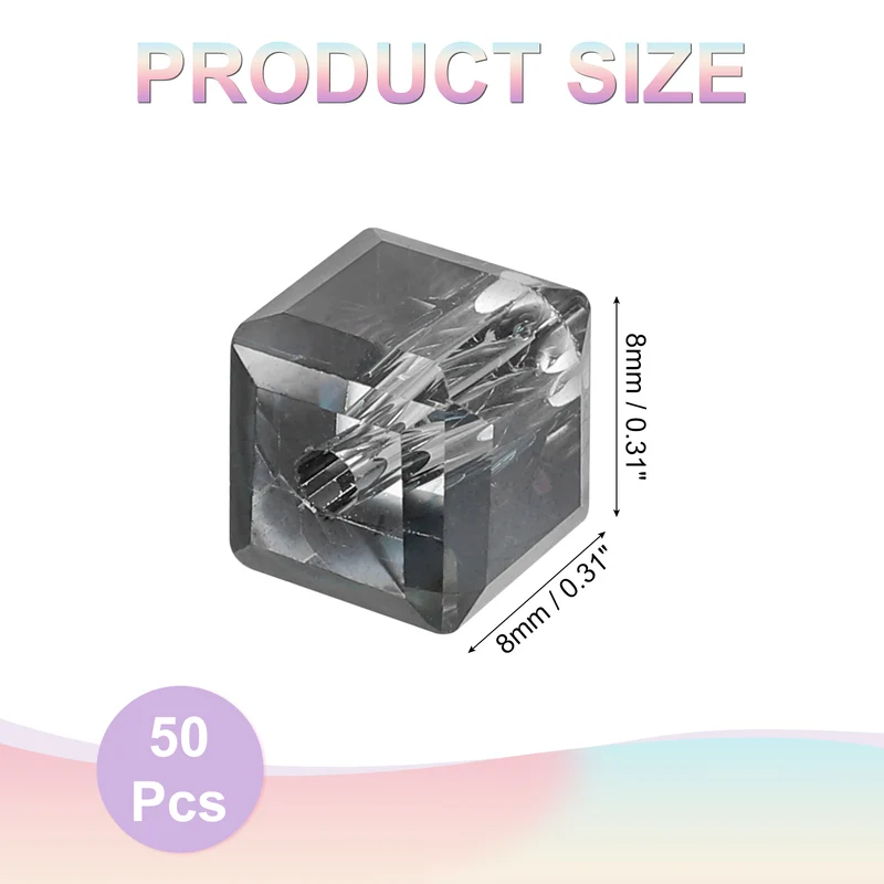 50Pcs Cube Crystal Glass Beads, 8mm Sparkle Faceted Loose Bead (Dark Gray)