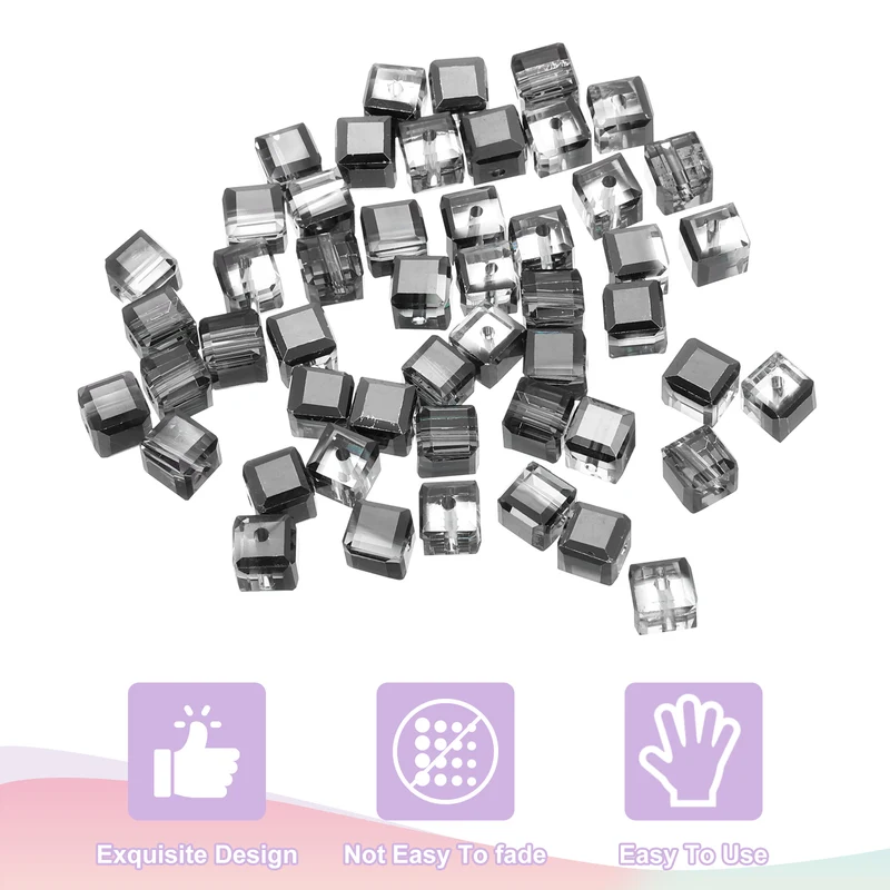 50Pcs Cube Crystal Glass Beads, 8mm Sparkle Faceted Loose Bead (Dark Gray)