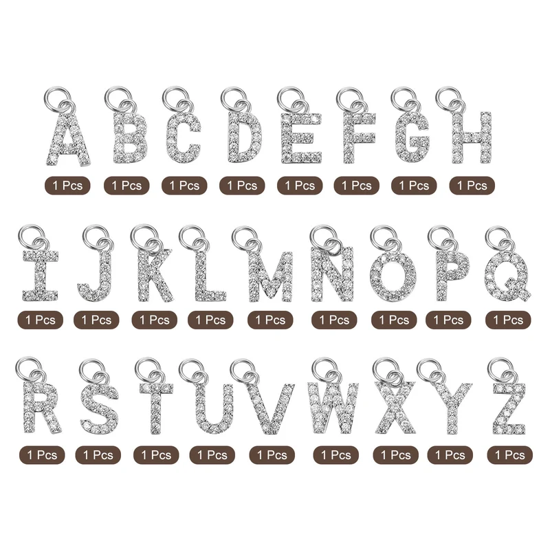 26Pcs Letter Charm Rhinestone Alphabet Charm for Jewelry Making White Gold