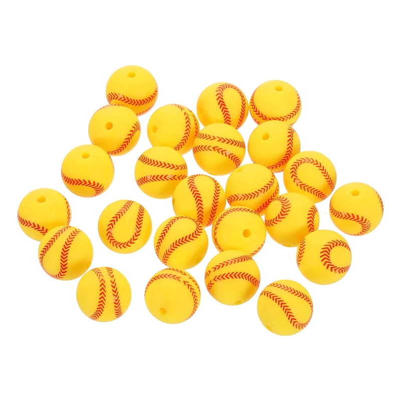 24Pcs Sports Ball Beads 15mm Silicone Round Spacer Focal Bead Yellow Baseball