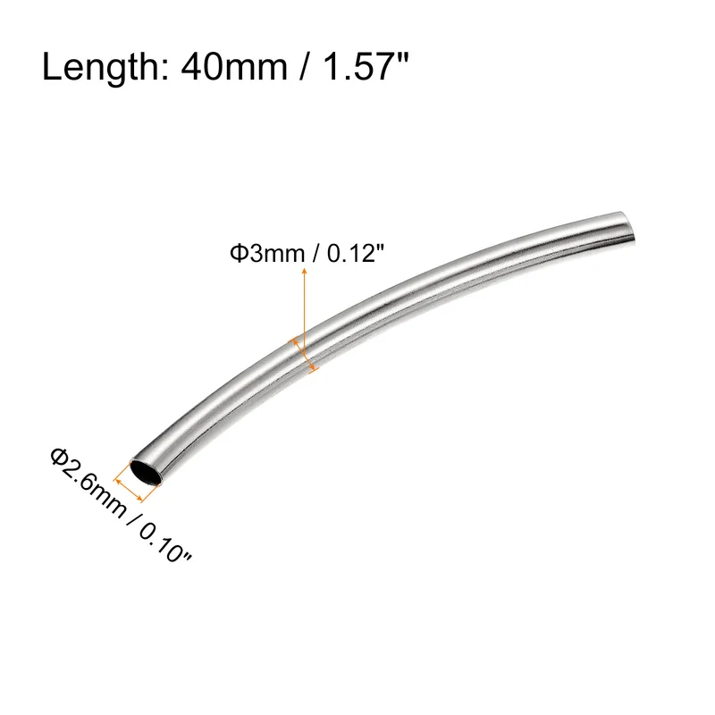 3mmx2.6mmx40mm Brass Curved Noodles Tube Beads for Jewelry Making, Silver 30Pcs