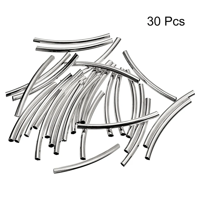 3mmx2.6mmx40mm Brass Curved Noodles Tube Beads for Jewelry Making, Silver 30Pcs