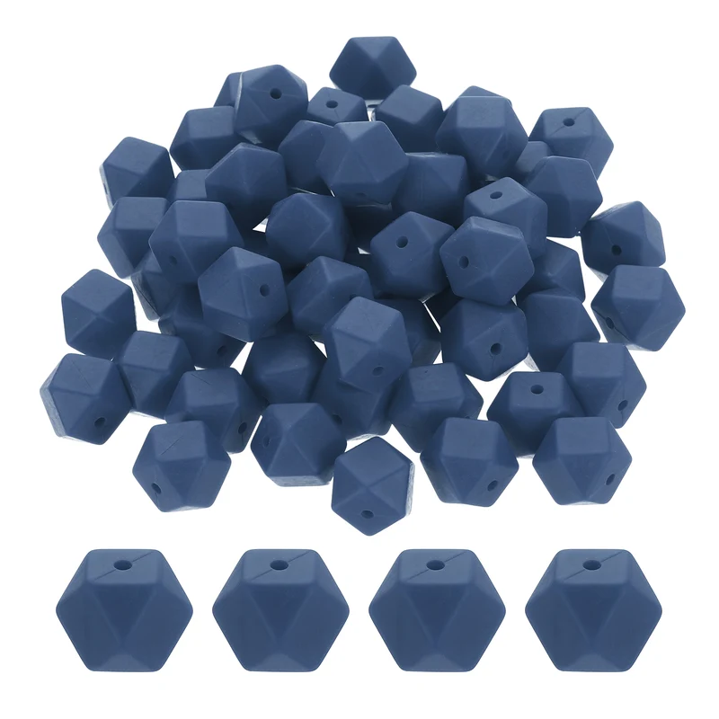 90 Pcs Silicone Beads, 14mm Loose Hexagon Rubber Focal Beads, Navy Blue