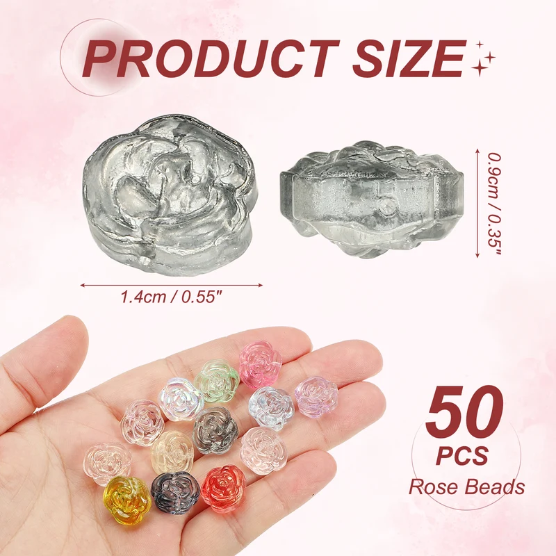 50 Pcs Rose Beads, 0.55" Glass Flower Rose Charm, Black