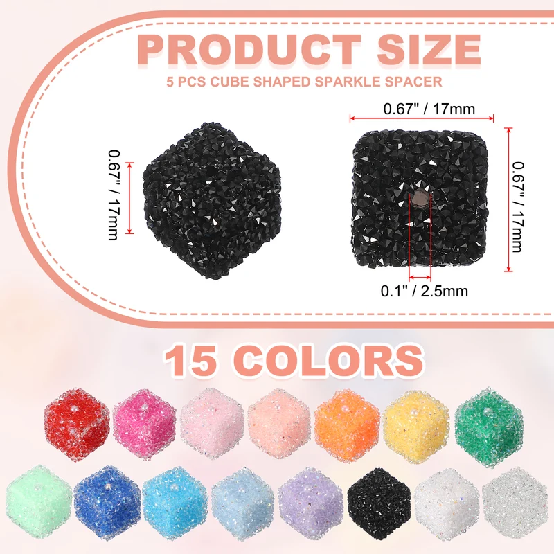5 Pcs Square Rhinestone Beads for Pens, 17mm Sugar Beads for DIY, Black