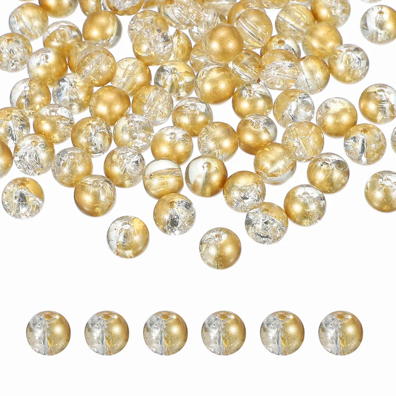 200 Pcs Crackle Glass Beads for Jewelry Making, 10mm Round Beads, Gold