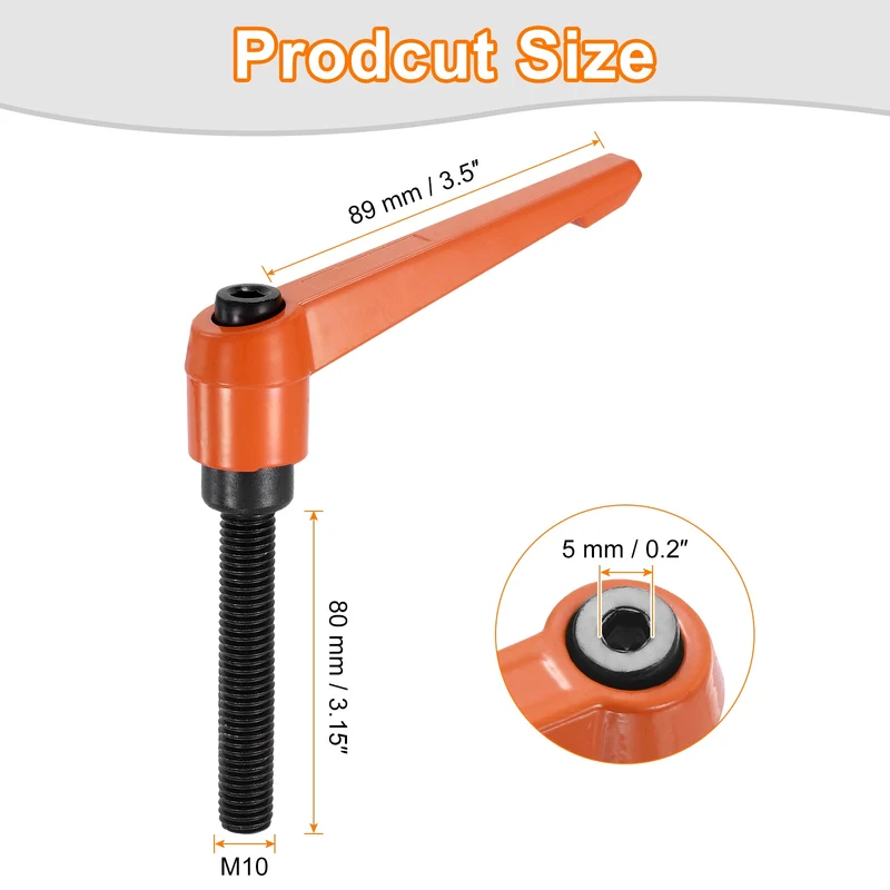 Clamping Lever Handles for Lathe, M10x80mm Male Thread Orange 4Pcs