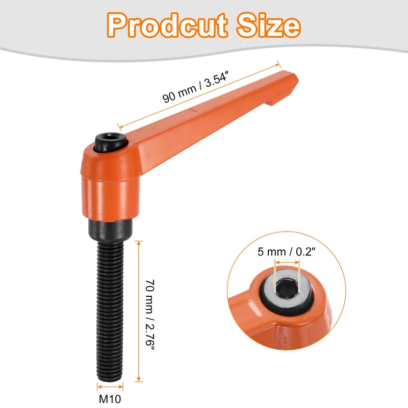 Clamping Lever Handles for Lathe, M10x70mm Male Thread Orange 4Pcs