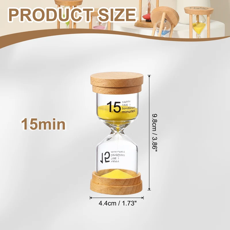 15 Minute Sand Timer, Wooden Sand Watch for Office Decor, Yellow