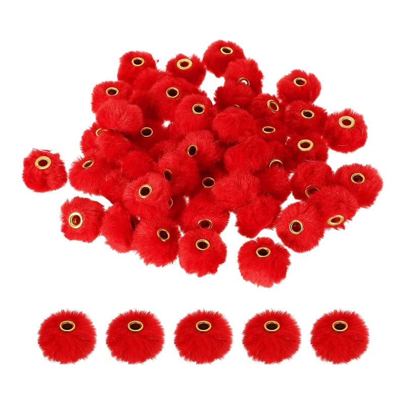 50Pcs Pom Pom Beads, Faux Fur Fuzzy Spacers Bead with 4mm Hole, Bright Red