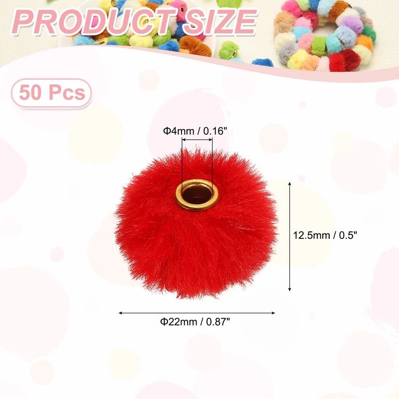50Pcs Pom Pom Beads, Faux Fur Fuzzy Spacers Bead with 4mm Hole, Bright Red