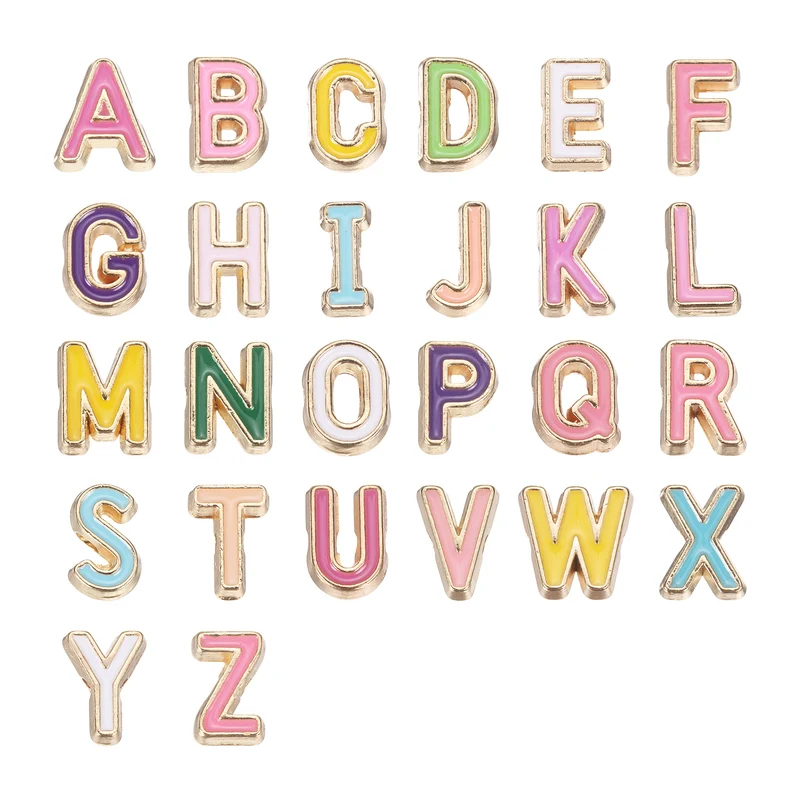 26Pcs A-Z Alphabet Letters Charm, Light Gold Plated Beads, Multicolor