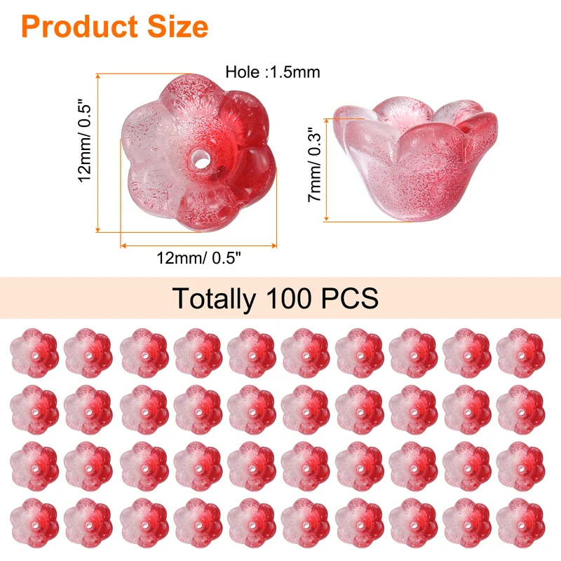 100Pcs Glass Flower Beads for Jewelry Making Loose Bead Charm Red