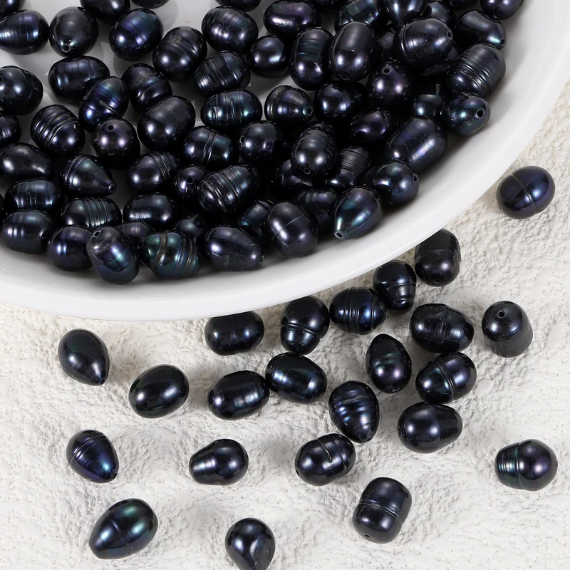 100 Pcs 8-9mm 0.8mm Hole Oval Shape Freshwater Pearl Beads,Black