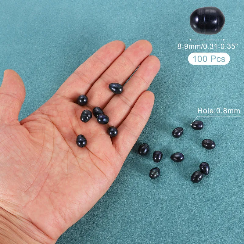 100 Pcs 8-9mm 0.8mm Hole Oval Shape Freshwater Pearl Beads,Black