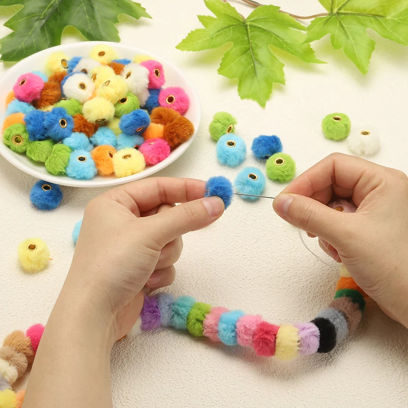 50Pcs Pom Pom Beads, Faux Fur Fuzzy Spacers Bead with 4mm Hole, White