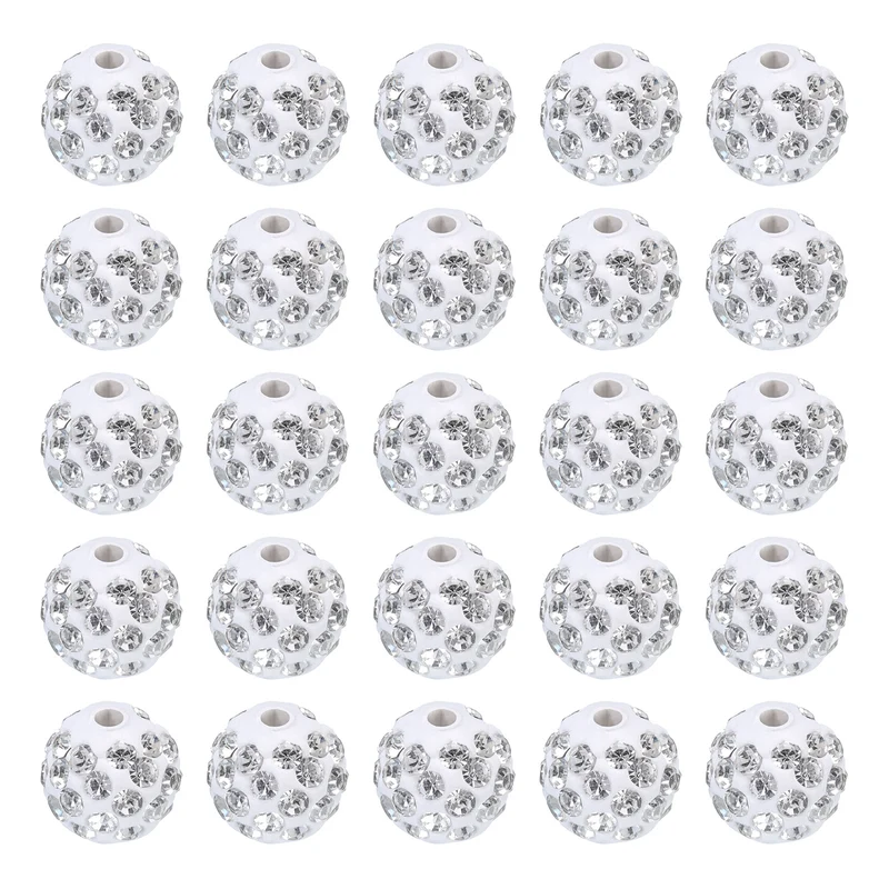 25Pcs 10mm Rhinestone Clay Beads Crystal Disco Bead for DIY White