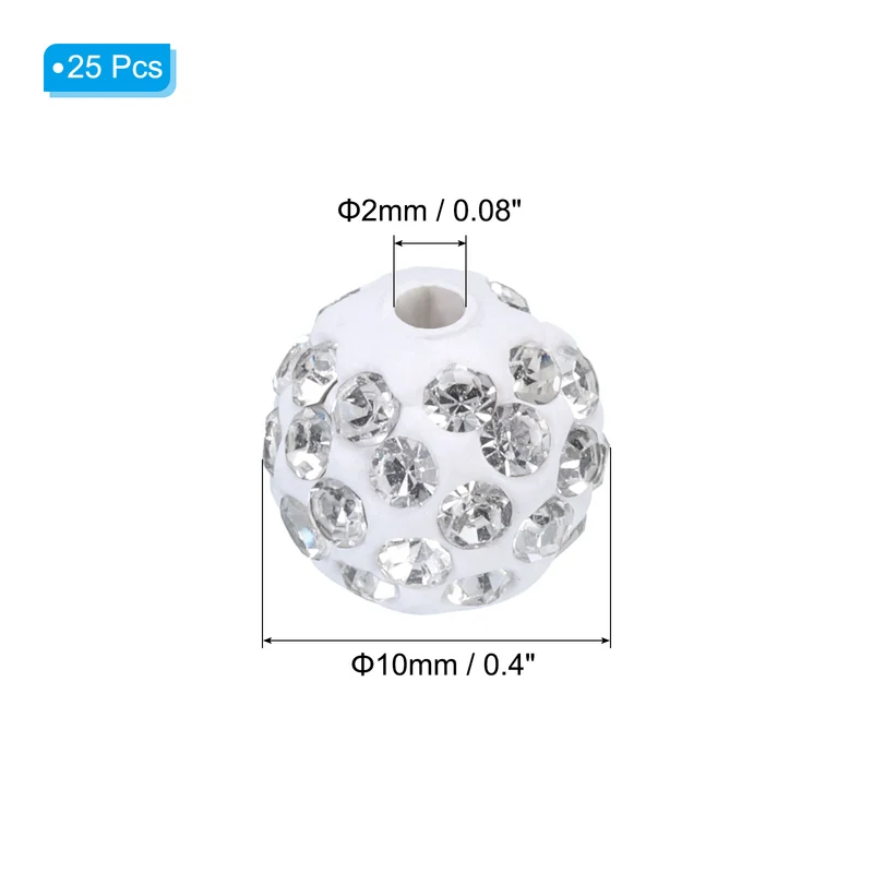 25Pcs 10mm Rhinestone Clay Beads Crystal Disco Bead for DIY White