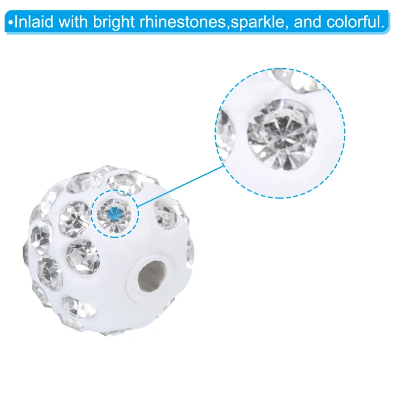 25Pcs 10mm Rhinestone Clay Beads Crystal Disco Bead for DIY White