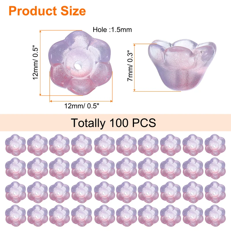 100Pcs Glass Flower Beads for Jewelry Making Loose Bead Charm Pink/Purple