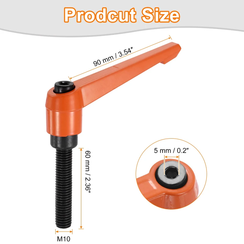 Clamping Lever Handles for Lathe, M10x60mm Male Thread Orange
