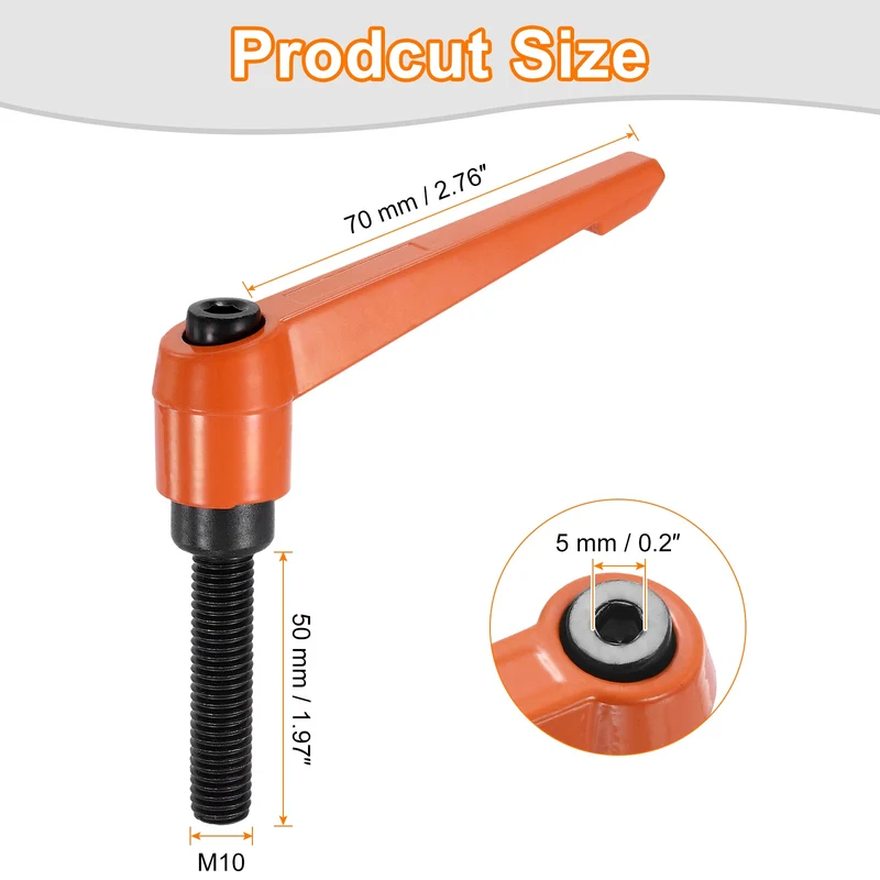 Clamping Lever Handles for Lathe, M10x50mm Male Thread Orange