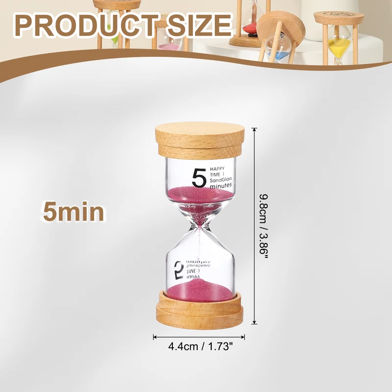 5 Minute Sand Timer, Wooden Sand Watch for Office Decor, Pink