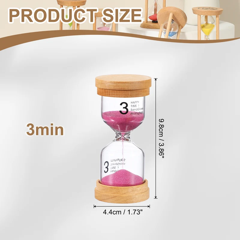 3 Minute Sand Timer, Wooden Sand Watch for Office Decor, Pink