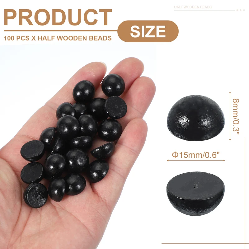 100Pcs Half Wooden Beads 0.6 Inch(15mm) Unfinished Wood Balls Black