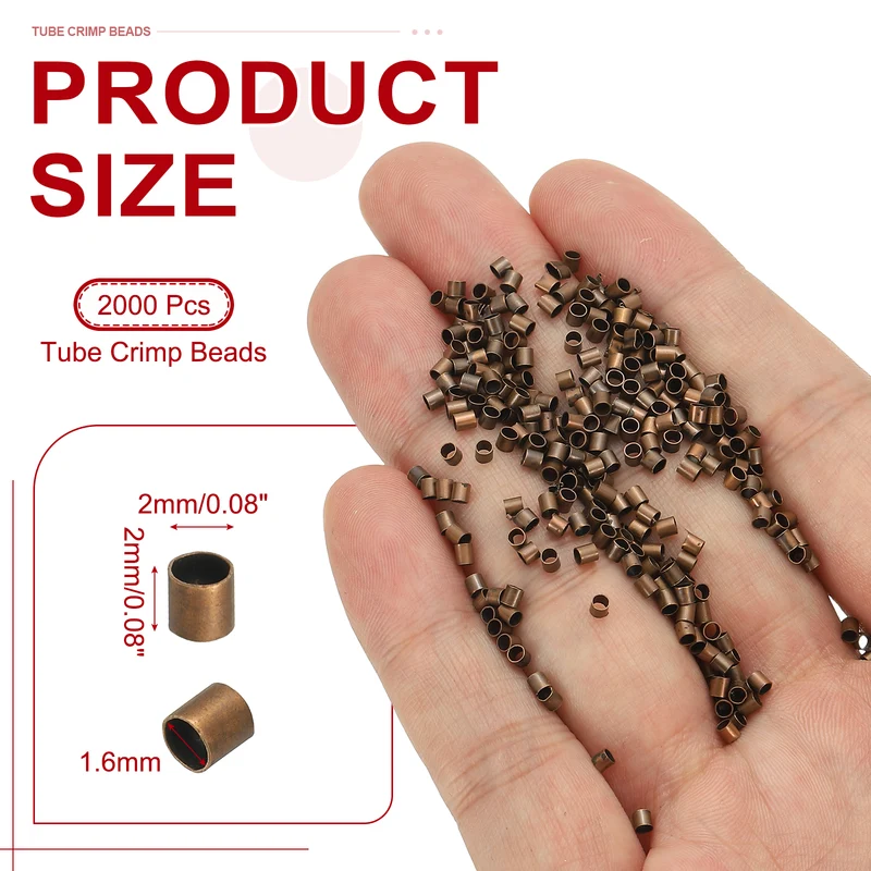 2000 Pcs Tube Crimp Beads, 2x2mm Crimp Beads for Jewelry Making, Dark Bronze