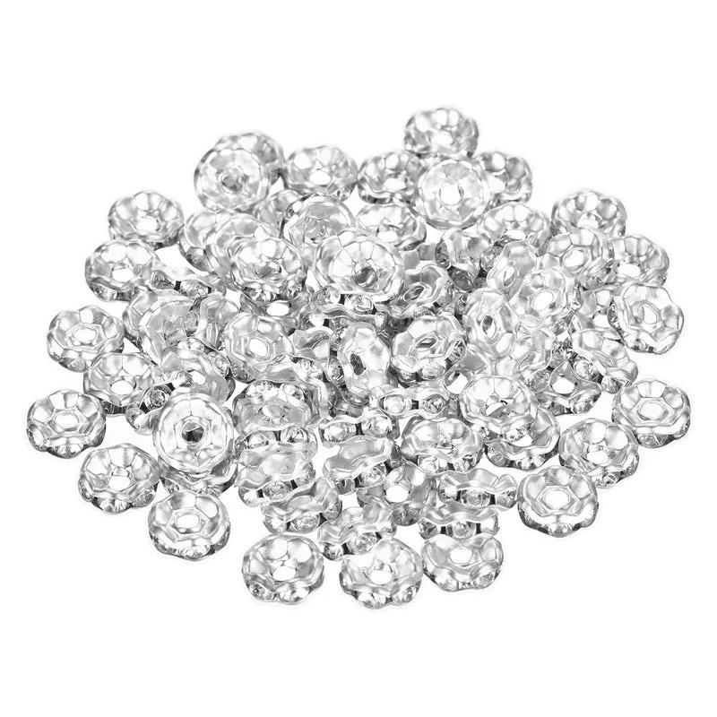 80Pcs 8mm Silver Plated Wavy Rhinestone Rondelle Spacer Beads, Silver