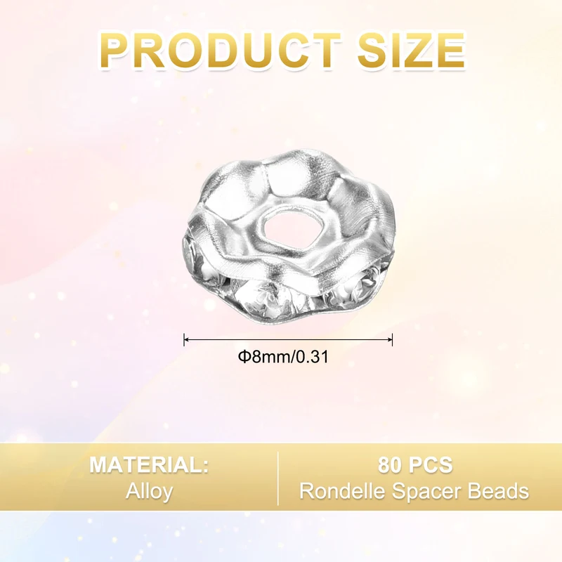 80Pcs 8mm Silver Plated Wavy Rhinestone Rondelle Spacer Beads, Silver