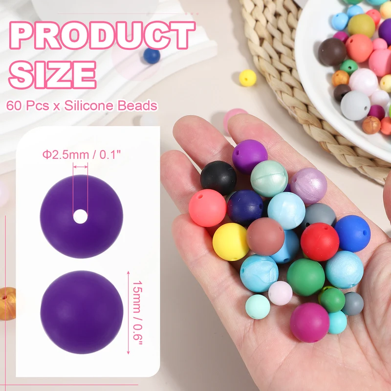 60 Pcs Silicone Beads, 15mm Bulk Beads for Keychain Making, Dark Purple