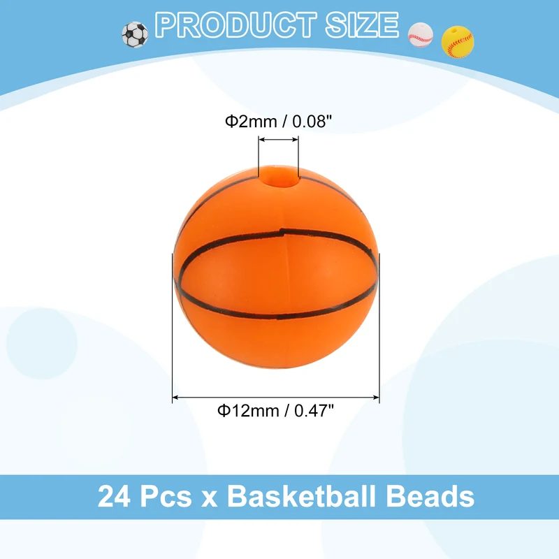 24Pcs Sports Ball Beads 12mm Silicone Round Spacer Focal Bead Basketball