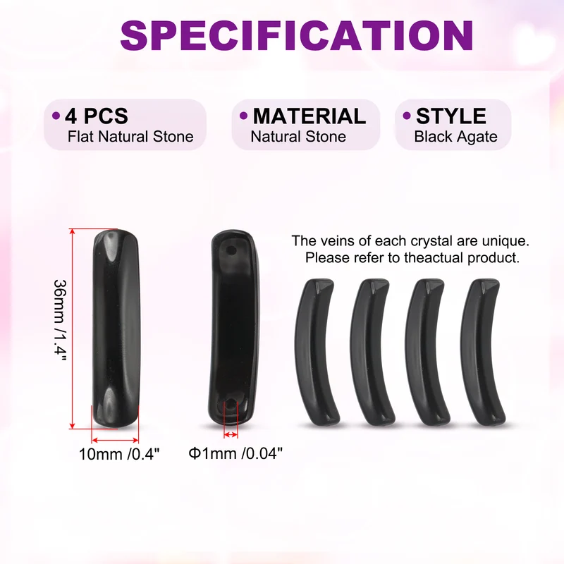 4 Pcs Natural Stone, 36 x 10 mm Natural Curved Clear Quartz Stone Crystal Handmade Jade Flat Beads for DIY Crafting, Black Agate